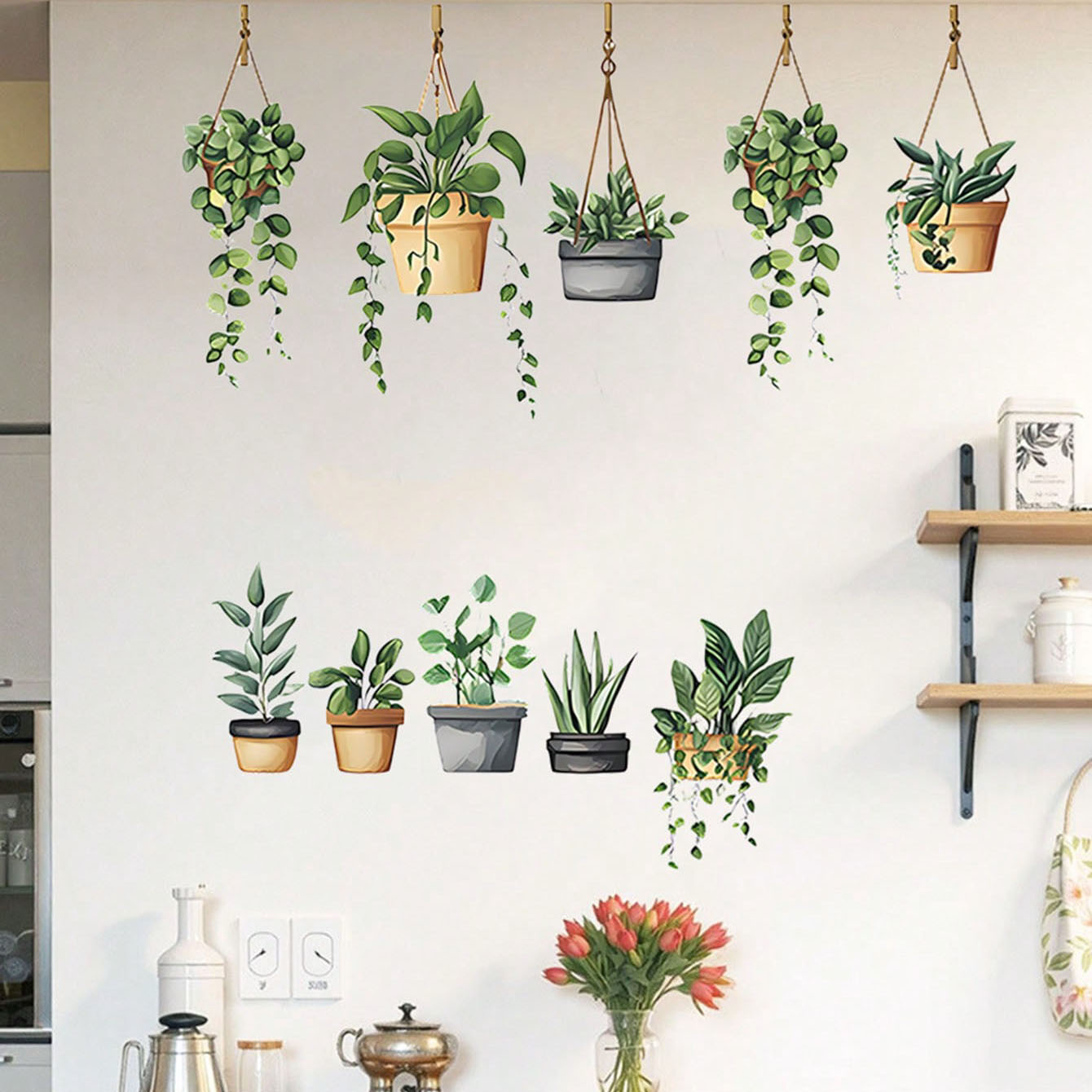 Home Office Layout - Autocollants muraux de plantes vertes suspendues